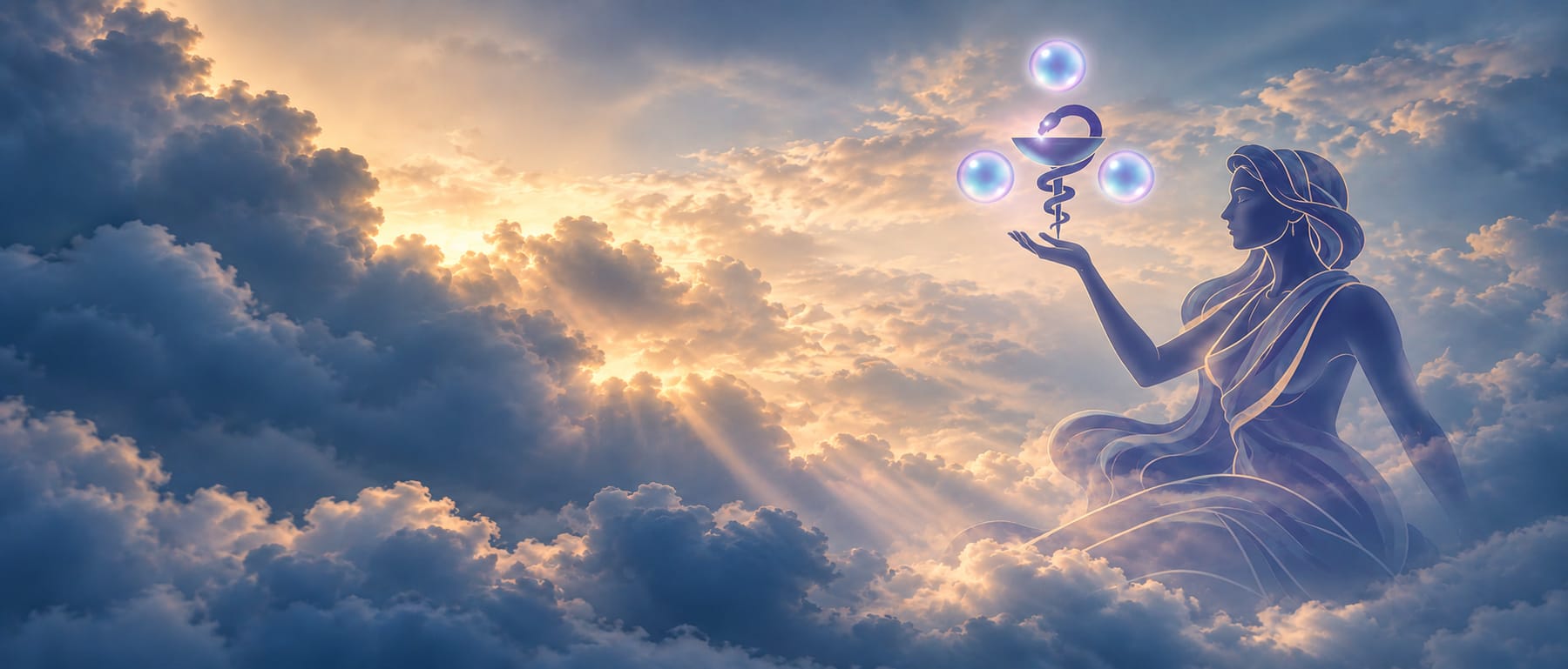 Hygeia seated among sunlit clouds, holding the bowl of Hygeia