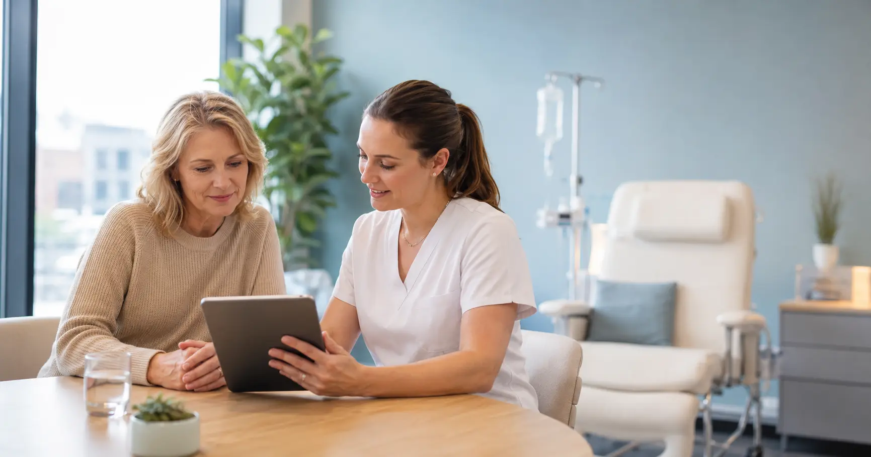 A woman in her fifties and a clinician review lab results together on a tablet in a bright wellness clinic, an IV chair softly blurred behind them, reflecting a labs-first approach to deciding whether IV NAD+ therapy is worth it.