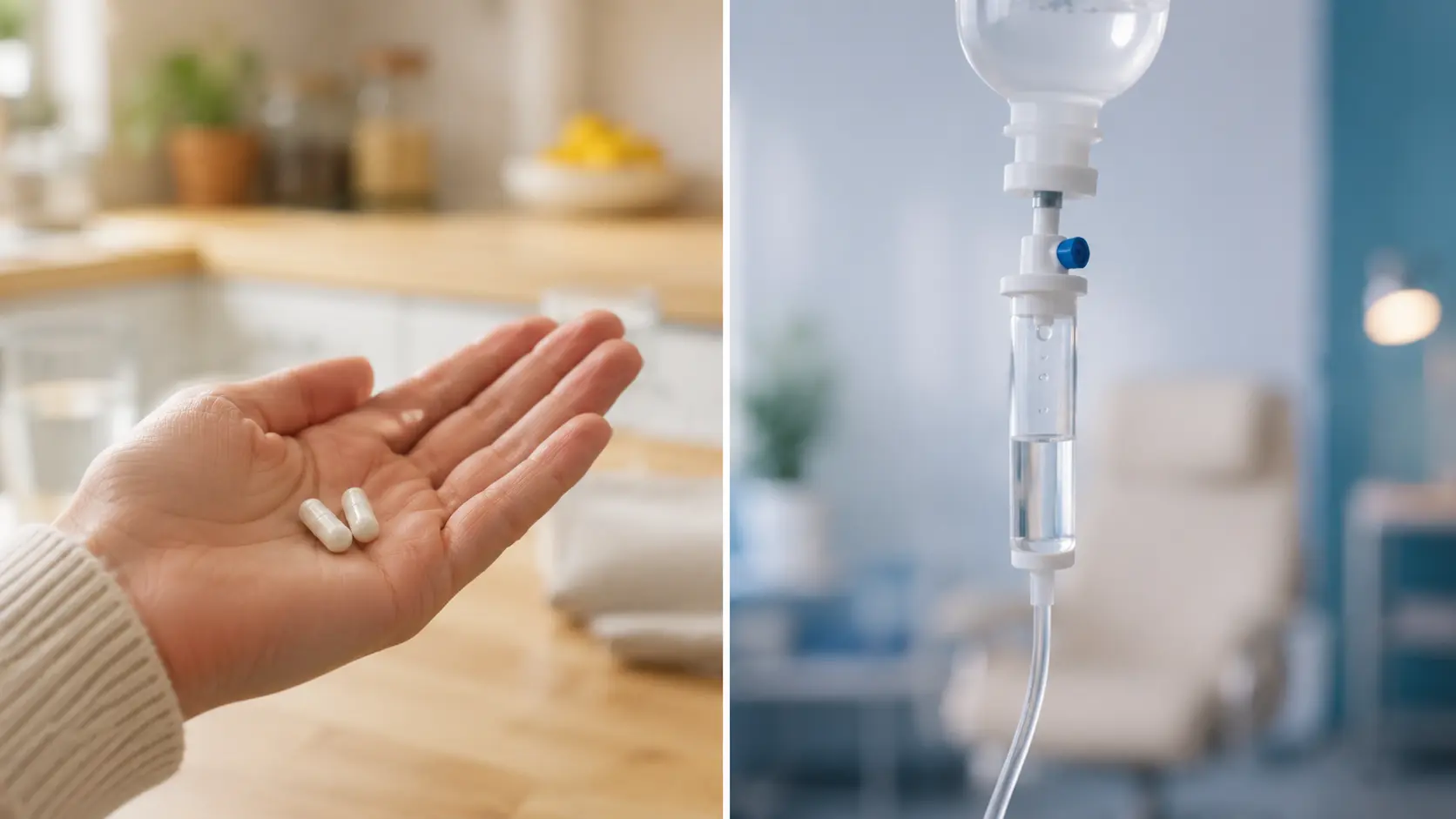 A split image showing a hand holding two NMN capsules on one side and a slow IV drip line on the other, illustrating the difference between oral NAD+ precursors and intravenous NAD+ delivery.