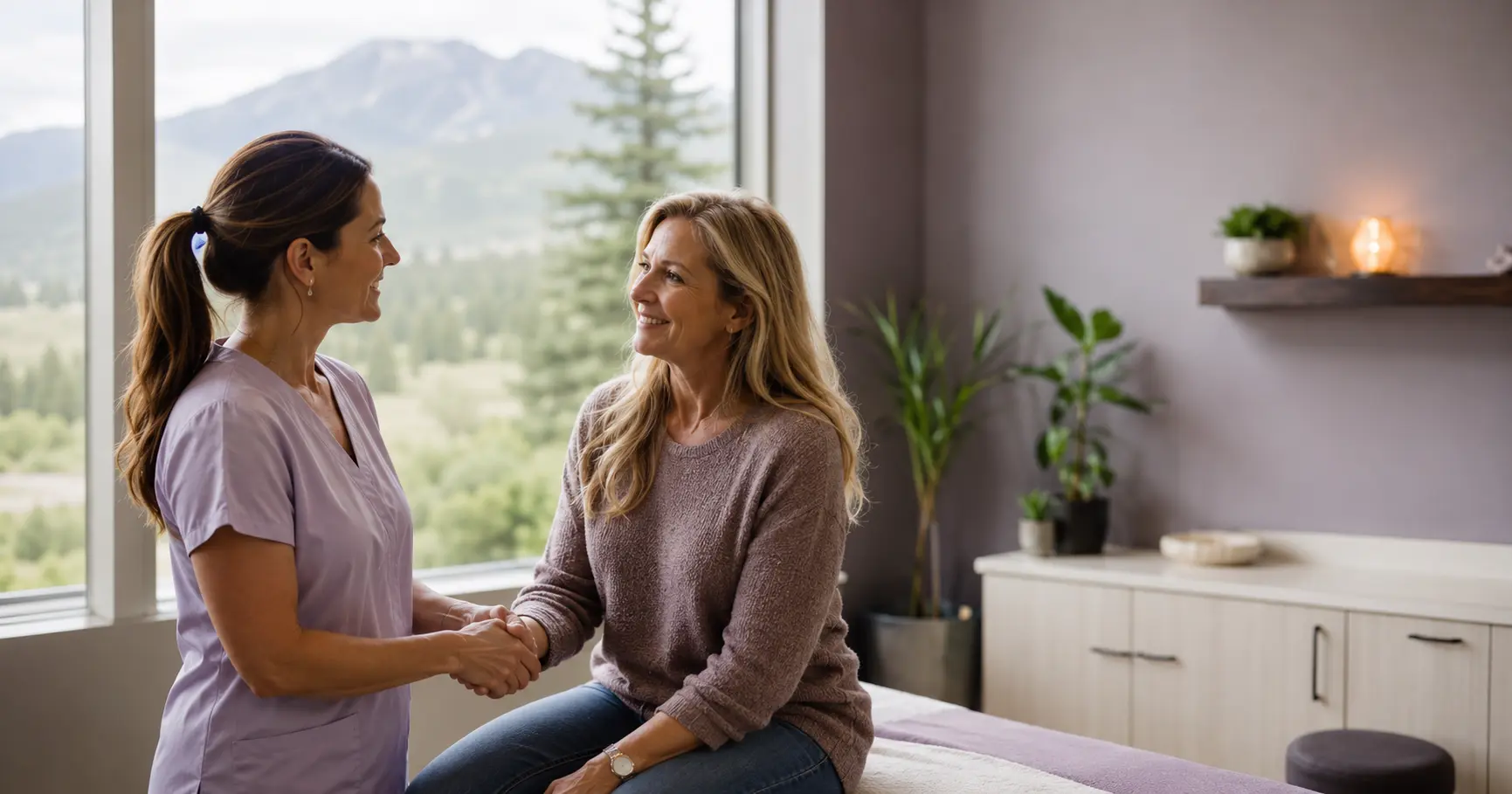 A warm, credentialed female clinician welcomes a woman in her fifties into a bright Colorado foothills wellness clinic, with green foothills visible through the window, conveying honest, local longevity and IV therapy care.