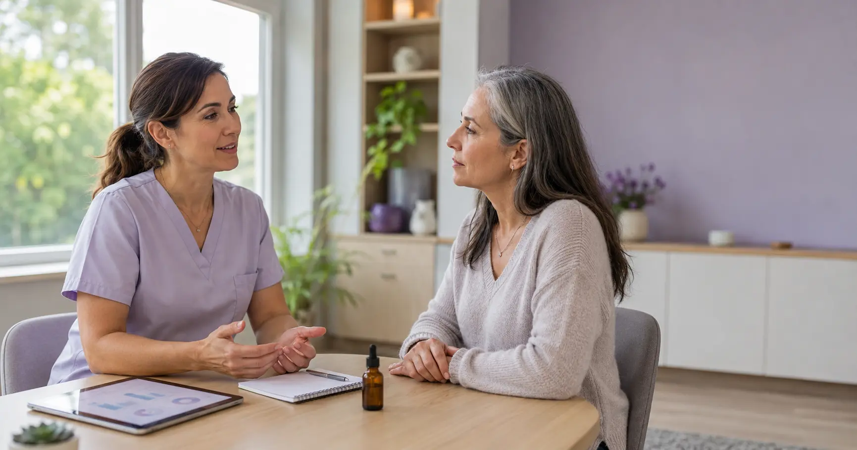 A clinician and a woman in her fifties sit together at a bright wellness-clinic desk reviewing a supplement bottle and notes, conveying an honest, evidence-first conversation about whether PolyMVA fits her situation.